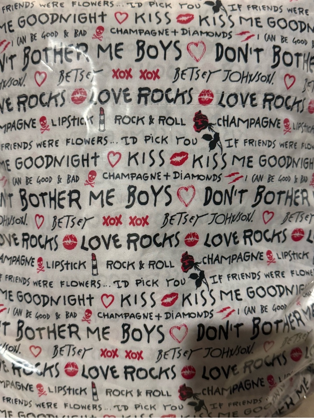 Betsey Johnson White Sheet with Black Script and Pink Accents